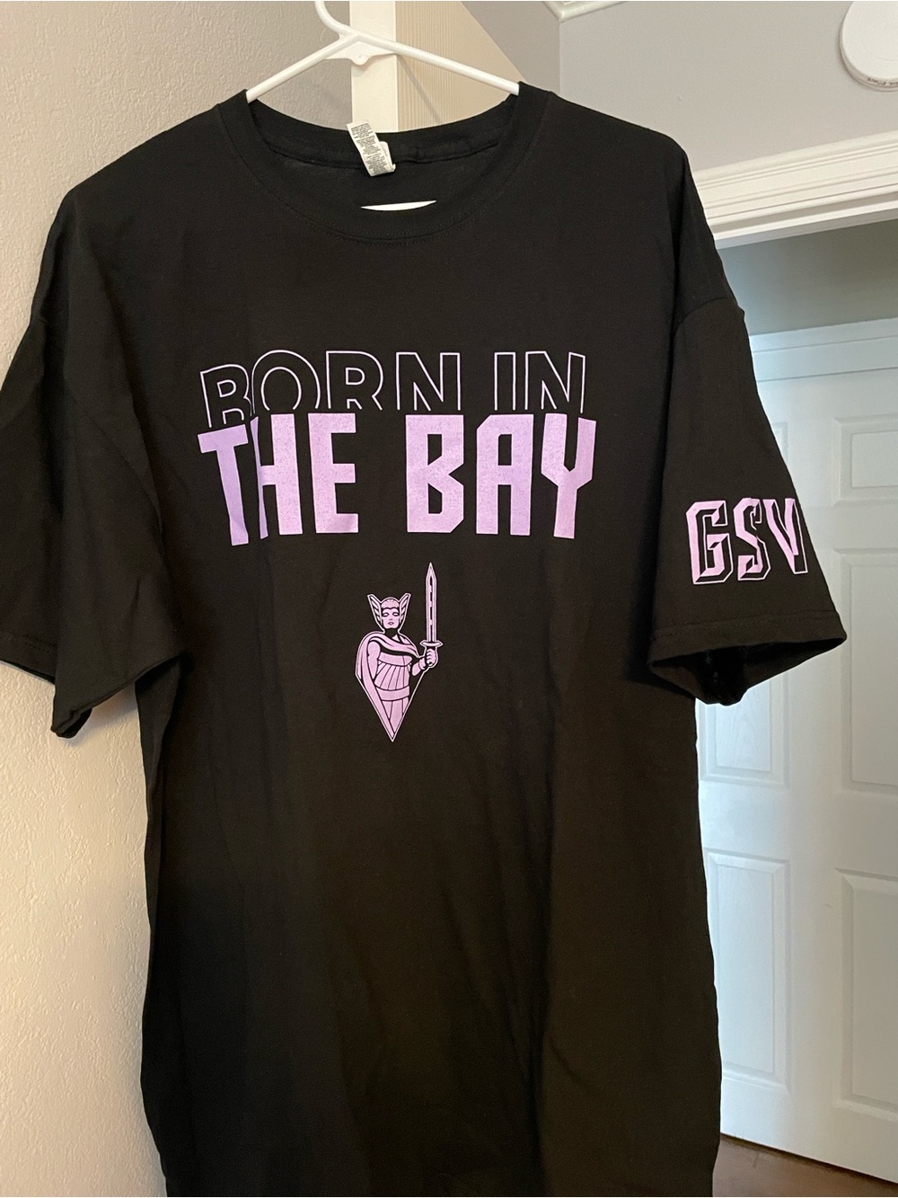 Black Graphic Tee with Lavender "Born in the Bay" Print